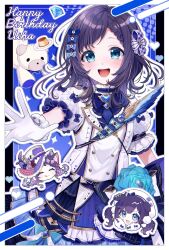 Rule 34 | 1girl, aiba uiha, aiba uiha (1st costume), blue eyes, buttons, commentary request, double-breasted, feathers, frilled gloves, frills, gloves, happy birthday, highres, idol clothes, long hair, mole, mole under eye, nijisanji, puffy short sleeves, puffy sleeves, purple hair, short sleeves, smile, solo, toma (toma eye), virtual youtuber, white gloves
