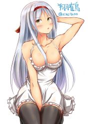 Rule 34 | 10s, 1girl, :o, apron, arm up, armpits, bad id, bad twitter id, between legs, black thighhighs, blush, breasts, brown eyes, brown hair, cleavage, collarbone, frilled apron, frills, hairband, hand between legs, highres, ichikawa feesu, kantai collection, large breasts, long hair, looking at viewer, naked apron, one-hour drawing challenge, open mouth, shoukaku (kancolle), silver hair, simple background, sitting, solo, thighhighs, twitter username, white background