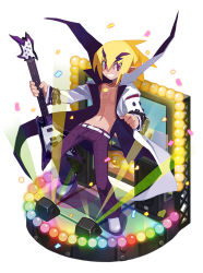 Rule 34 | 1boy, akutare (disgaea), bare pectorals, blonde hair, coat, disgaea, faux figurine, full body, grin, guitar, harada takehito, holding, holding instrument, instrument, jewelry, looking at viewer, makai senki disgaea 2, makai wars, male focus, necklace, official art, pants, pectorals, pointy ears, popped collar, purple eyes, purple pants, rainbow order, shoes, smile, solo, standing, white coat
