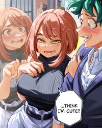 2boys 2girls absurdres boku_no_hero_academia breasts brown_hair chainsaw_man cross_scar denji_(chainsaw_man) facial_scar green_eyes green_hair highres large_breasts medium_hair midoriya_izuku mitaka_asa multiple_boys multiple_girls nervous_smile open_mouth possessed scar scar_on_cheek scar_on_face sleeveless sleeveless_turtleneck smile speech_bubble toga_himiko turtleneck uraraka_ochaco vlizz worried yoru_(chainsaw_man)