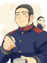 Rule 34 | 2boys, bara, beard stubble, black hair, blush, buzz cut, chibi, chibi inset, chopsticks, closed eyes, eating, facial hair, goatee stubble, golden kamuy, happy, holding, holding chopsticks, long sideburns, male focus, mature male, military, multiple boys, muscular, muscular male, ogata hyakunosuke, pectorals, short hair, sideburns, solo focus, souda (sosoda), stubble, sunburst, tanigaki genjirou, thick eyebrows, upper body, very short hair