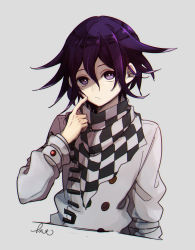 Rule 34 | 1boy, checkered clothes, checkered scarf, closed mouth, commentary request, danganronpa (series), danganronpa v3: killing harmony, finger to cheek, grey background, grey jacket, hair between eyes, hand up, highres, index finger raised, jacket, kitsunebi v3kokonn, long sleeves, looking at viewer, male focus, oma kokichi, purple eyes, purple hair, scarf, short hair, signature, simple background, solo, straitjacket, upper body