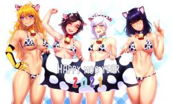 Rule 34 | 4girls, animal ears, animal print, arm up, bell, bikini, black hair, blake belladonna, blonde hair, blue eyes, blush, braid, braided ponytail, breasts, chinese zodiac, cleavage, closed eyes, collar, collarbone, cow ears, cow horns, cow print, cowbell, fake animal ears, fake horns, gradient hair, hairband, highres, holding, holding sign, horns, large breasts, long hair, looking at viewer, medium breasts, multicolored hair, multiple girls, navel, neck bell, open mouth, phloxberry, ponytail, prosthesis, prosthetic arm, purple eyes, red hair, ruby rose, rwby, scar, scar across eye, scar on face, short hair, sign, smile, stomach, swimsuit, thighs, toned, weiss schnee, white hair, yang xiao long, year of the ox, yellow eyes