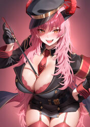 Rule 34 | 1girl, absurdres, belt, between breasts, black gloves, black hat, blue archive, blush, bra, bra peek, breasts, cleavage, commentary, cowboy shot, demon girl, demon horns, garter straps, gloves, gradient background, hair between eyes, half gloves, hand on own hip, hat, highres, holika baby, horns, huge breasts, large breasts, leaning forward, long hair, long sleeves, looking at viewer, necktie, necktie between breasts, open clothes, open mouth, orange eyes, paid reward available, peaked cap, pink background, pink bra, pink thighhighs, red bra, red hair, red horns, red necktie, satsuki (blue archive), simple background, smile, solo, tail, thighhighs, underwear, uniform, v-shaped eyebrows