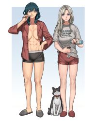 Rule 34 | 2girls, abs, animal, blue eyes, blue hair, breasts, brushing teeth, byleth (female) (fire emblem), byleth (fire emblem), cat, edelgard von hresvelg, fire emblem, fire emblem: three houses, highres, large breasts, long hair, long sleeves, looking at viewer, medium hair, multiple girls, navel, nintendo, open clothes, open shirt, purple eyes, radiostarkiller, simple background, slippers, smile, thighs, white hair