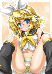 Rule 34 | 1girl, :o, bare shoulders, blonde hair, blue eyes, boots, hair ornament, hair ribbon, hairclip, headphones, kagamine rin, looking at viewer, navel, neckerchief, no pants, panties, ribbon, roura, short hair, sitting, solo, spread legs, striped clothes, striped panties, tattoo, underwear, vocaloid