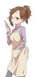 Rule 34 | 1girl, apron, brown eyes, brown hair, commentary request, glasses, highres, holding, holding pencil, long sleeves, looking at viewer, original, pencil, ponytail, purple sweater, ribbed sweater, short hair, simple background, solo, standing, sweater, turtleneck, turtleneck sweater, white background, yamamoto souichirou, yellow apron