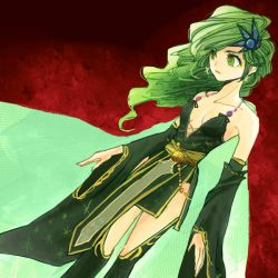 Rule 34 | 1990s (style), 1girl, detached sleeves, dutch angle, earrings, final fantasy, final fantasy iv, green eyes, green hair, hair ornament, jewelry, long hair, long sleeves, matching hair/eyes, aged up, rydia (ff4), solo, wide sleeves, yadoso