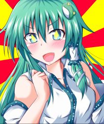 Rule 34 | 1girl, bare shoulders, blush, bow, detached sleeves, frog hair ornament, green eyes, green hair, hair bow, hair ornament, kochiya sanae, long hair, matching hair/eyes, naba (take tonbo), solo, sparkling eyes, touhou