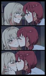 2girls absurdres blue_eyes blush closed_eyes commentary_request french_kiss girls_band_cry grey_eyes grey_hair habsida_(habsida_hpy) highres iseri_nina kawaragi_momoka kiss licking licking_another&#039;s_cheek licking_another&#039;s_face long_hair low_twintails multicolored_hair multiple_girls one_eye_closed red_hair roots_(hair) short_hair short_twintails sidelocks sweatdrop twintails yuri