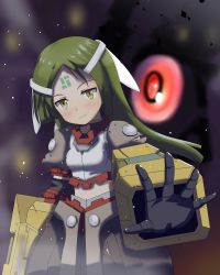 Rule 34 | 1girl, android, arm at side, arma (recettear), armor, black gloves, blurry, blurry background, facial mark, forehead mark, gloves, glowing, glowing eye, green hair, hair ribbon, highres, kurakuru, light smile, long hair, looking at viewer, midriff peek, navel, outstretched hand, recettear, red eyes, ribbon, solo, standing, white ribbon