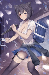 Rule 34 | animal ears, bag, black hair, blue eyes, blurry, blurry background, breasts, cat ears, character request, cleavage, clothes around waist, copyright request, dagger, eyebrows, glass, heterochromia, highres, holding, holding dagger, holding knife, holding weapon, kamaniki, kneehighs, knife, knife sheath, large breasts, red eyes, shattered, sheath, shiny skin, shirt, shirt around waist, short hair, shoulder bag, skirt, socks, thighs, twitter username, watermark, weapon