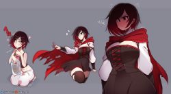 Rule 34 | 1girl, black hair, breasts, cape, cookie, eyebrows, food, highres, kanel, multicolored hair, pajamas, red hair, ruby rose, rwby, scythe, short hair, grey eyes, simple background, solo, tank top, thighhighs, two-tone hair, weapon