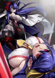 Rule 34 | 2girls, another dark mai, antenna hair, blazblue, blazblue: central fiction, blazblue alternative: dark war, blood, blood from mouth, blue hair, bow, breasts, colored skin, dark persona, defeat, dual persona, evil eyes, evil grin, evil smile, facial tattoo, grey skin, grin, hair bow, halterneck, high ponytail, horns, injury, large breasts, lowleg, lowleg pants, magenta eyes, mai natsume, multiple girls, nosebleed, open mouth, outseal, pants, red eyes, revealing clothes, sideboob, sidelocks, smile, sowel (sk3), stepped on, tattoo, yellow bow