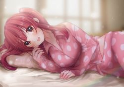 Rule 34 | 1girl, bed sheet, blunt bangs, blurry, blurry background, blush, breasts, button gap, collarbone, idolmaster, idolmaster cinderella girls, indoors, large breasts, light particles, long hair, looking at viewer, lying, motu7be1024, ogata chieri, on side, open collar, pajamas, pillow, polka dot, polka dot pajamas, red eyes, red pajamas, smile, solo, sunlight, twintails