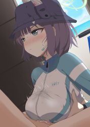 Rule 34 | 1boy, 1girl, animal ears, blue archive, blush, breast hold, breasts, bucket hat, clothed female nude male, cum, cum in clothes, ejaculation under clothes, fake animal ears, halo, hat, headset, hetero, highres, large breasts, looking at another, looking at viewer, mintchoco (minchothudong), nose blush, nude, official alternate costume, paizuri, paizuri under clothes, rabbit ears, rash guard, saki (blue archive), saki (swimsuit) (blue archive), sweatdrop, trembling