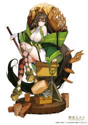 Rule 34 | 1girl, absurdly long hair, bare shoulders, breasts, brown hair, closed mouth, crown, green jacket, highres, holding, holding mallet, hougu souji, jacket, large breasts, long hair, looking at viewer, mallet, mini crown, omuro musume, platform footwear, rosary, sandals, simple background, sitting, smile, solo, very long hair, white background