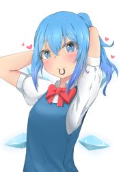 Rule 34 | 1girl, alternate hair length, alternate hairstyle, arms behind head, blue dress, blue eyes, blue hair, blush, bow, bowtie, bright pupils, cirno, commentary, dress, hair between eyes, hair tie in mouth, heart, highres, looking at viewer, medium hair, mizune (winter), mouth hold, no headwear, pinafore dress, ponytail, puffy short sleeves, puffy sleeves, red bow, red bowtie, shirt, short sleeves, simple background, sleeveless dress, smile, solo, standing, touhou, tying hair, white background, white pupils, white shirt, wings