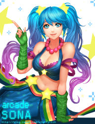 Rule 34 | 1girl, absurdres, arcade sona, bare shoulders, blue eyes, blue hair, breasts, character name, cherrylich, cleavage, daeho cha, earrings, fingerless gloves, gloves, gradient hair, green gloves, highres, jewelry, large breasts, league of legends, long hair, looking at viewer, matching hair/eyes, multicolored hair, navel, purple hair, smile, solo, sona (league of legends), star (symbol), twintails, watermark, web address