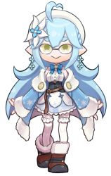 Rule 34 | 1girl, :&gt;, ahoge, belt, blue coat, blue hair, boots, braid, brown footwear, coat, corset, cosplay, dress, earrings, frilled dress, frills, full body, hat, hololive, inkling, inkling (cosplay), inkling girl, inkling player character, jewelry, long hair, mask, nintendo, off-shoulder coat, off shoulder, pointy ears, smile, snowflake print, solo, thighhighs, transparent background, virtual youtuber, yellow eyes, yoshida on, yukihana lamy