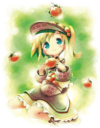 Rule 34 | 1girl, aikei ake, animal, apron, boots, brown apron, brown dress, brown footwear, brown hat, cross-laced footwear, dress, food, food-themed hair ornament, full body, green eyes, green hair, hair ornament, hat, highres, holding, holding food, knee boots, lace-up boots, long sleeves, looking away, one side up, original, solo, tomato, tomato hair ornament, visor cap