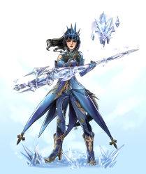 Rule 34 | 1girl, anoushka russel, warrior of light (ff14), black hair, black lips, blue background, blue dress, blue footwear, blue gloves, blue pants, bracer, breasts, commission, dress, elbow gloves, final fantasy, final fantasy xiv, full body, gloves, headpiece, highres, holding, holding sword, holding weapon, ice, looking at viewer, medium breasts, original, pants, purple eyes, signature, simple background, solo, standing, sword, weapon