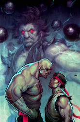 Rule 34 | 3boys, bald, bandages, black hair, capcom, doe, eyepatch, face-to-face, akuma (street fighter), headband, japanese clothes, kimono, male focus, messy hair, multiple boys, muscular, red eyes, ryu (street fighter), sagat, scar, topless male, short hair, signature, street fighter