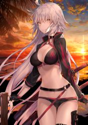 Rule 34 | 1girl, ahoge, bikini, black bikini, black jacket, blush, breasts, choker, cleavage, commentary request, cowboy shot, cropped jacket, fate/grand order, fate (series), hair between eyes, hakuishi aoi, highres, jacket, jeanne d&#039;arc alter (swimsuit berserker) (fate), jeanne d&#039;arc (fate), jeanne d&#039;arc alter (fate), jeanne d&#039;arc alter (swimsuit berserker) (fate), katana, large breasts, long hair, looking at viewer, midriff, navel, o-ring, outdoors, sheath, shrug (clothing), smile, solo, standing, sunset, swimsuit, sword, thighs, unsheathed, weapon, yellow eyes