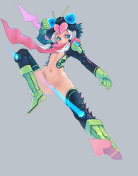 Rule 34 | 1girl, antennae, blue eyes, boots, bottomless, censored, convenient censoring, gloves, glowing, green footwear, kamen rider, kicking, no panties, original, scarf, simple background, solo, thighhighs, weno, white hair