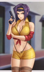 Rule 34 | 1girl, bare shoulders, breasts, cleavage, cowboy bebop, faye valentine, flowerxl, green eyes, gun, large breasts, legs together, lipstick, makeup, midriff, navel, purple hair, red lips, serious, short hair, short shorts, shorts, skindentation, solo, standing, thick thighs, thighs, thong, weapon, yellow shorts