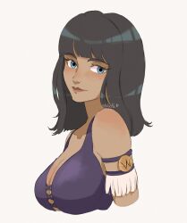 Rule 34 | 1girl, absurdres, armlet, blue eyes, blunt bangs, commentary, eiriseth, from side, highres, looking at viewer, medium hair, nico robin, one piece, purple shirt, shirt, simple background, smile, solo, upper body, white background