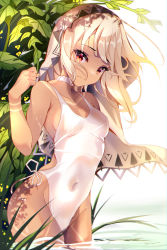 Rule 34 | 1girl, absurdres, altera (fate), bare shoulders, body markings, breasts, closed mouth, collarbone, covered navel, dark-skinned female, dark skin, fate/extella, fate/extra, fate (series), grass, highleg, highleg swimsuit, highres, leaf, looking at viewer, medium breasts, one-piece swimsuit, red eyes, short hair, swimsuit, the0neulost, thighs, veil, wading, water, wet, white hair, white one-piece swimsuit