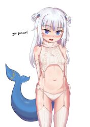 Rule 34 | 1girl, absurdres, animal hood, blue eyes, blue hair, blunt bangs, blush, breasts, detached sleeves, fins, fish tail, gawr gura, grey garter straps, grey panties, grey sleeves, grey thighhighs, hair ornament, highres, hololive, hololive english, hood, kurohi drw, looking at viewer, medium hair, meme attire, multicolored hair, open mouth, panties, self-upload, shark girl, shark hair ornament, shark tail, sharp teeth, sidelocks, small breasts, solo, streaked hair, tail, teeth, thighhighs, two side up, underwear, virgin destroyer sweater, virtual youtuber