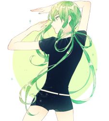 Rule 34 | 1other, androgynous, arms up, belt, black shorts, closed mouth, collar, commentary request, earth4120, from behind, gem uniform (houseki no kuni), green eyes, green hair, green nails, highres, houseki no kuni, jade (houseki no kuni), korean commentary, long hair, looking to the side, nail polish, shirt, short sleeves, shorts, sidelocks, simple background, solo, standing, white belt, white shirt