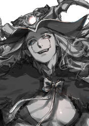 Rule 34 | 1boy, absurdres, bow, bowtie, cape, clown, curly hair, demon boy, fate/grand order, fate (series), fur-trimmed cape, fur trim, greyscale, hat, headpiece, highres, long hair, looking at viewer, loveyama, makeup, male focus, mephistopheles (fate), monochrome, pectorals, simple background, smile, solo, teardrop, white background