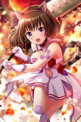 Rule 34 | 1girl, alternative girls, animal ears, armor, asahina nono, bare shoulders, blush, boots, breasts, brown hair, cat ears, cat tail, cowboy shot, dress, gloves, hairband, highres, holding, holding weapon, large breasts, looking at viewer, moon, navel, night, night sky, official art, open mouth, purple eyes, red moon, red petals, short hair, sky, tail, thigh boots, thighhighs, weapon, white dress, white footwear, white gloves