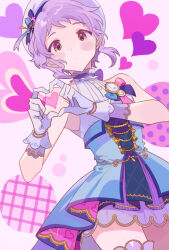 Rule 34 | 1girl, bare shoulders, blue dress, blush, clock, closed mouth, cowboy shot, dot nose, dress, dutch angle, flat chest, from below, gloves, gold bracelet, hat, hat ribbon, heart, heart background, heart hands, heart in heart hands, idolmaster, idolmaster million live!, idolmaster million live! theater days, inzup, looking at viewer, makabe mizuki, multicolored background, purple hair, ribbon, short hair, sidelocks, sleeveless, sleeveless dress, solo, standing, two-tone ribbon, wavy hair, white gloves, yellow eyes