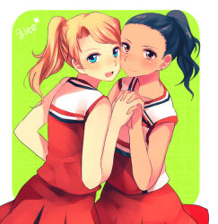 Rule 34 | 2girls, animification, blonde hair, blue eyes, blush, brittany s pierce, cheek-to-cheek, cheerleader, copyright name, flat chest, glee, green background, hachiko (hati12), heads together, holding hands, interlocked fingers, looking at viewer, multiple girls, open mouth, ponytail, santana lopez, simple background, smile, yuri