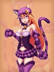 Rule 34 | 1girl, :d, absurdres, animal ears, animal hands, artist name, bare shoulders, bell, beret, blush, breasts, cat ears, cat tail, cheshire cat (monster girl encyclopedia), claws, detached collar, detached sleeves, fang, hair between eyes, hat, highres, huge filesize, jingle bell, long hair, looking at viewer, medium breasts, monster girl encyclopedia, multicolored hair, navel, open mouth, orange hair, pleated skirt, purple eyes, purple hair, skirt, smile, solo, striped clothes, striped skirt, striped tail, tail, tail raised, two-tone hair, very long hair, wlper, zoom layer
