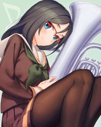 Rule 34 | aqua background, black hair, blue eyes, blush, brown pantyhose, brown shirt, brown skirt, closed mouth, commentary request, eighth note, euphonium, feet out of frame, glasses, green neckerchief, hibike! euphonium, holding, holding instrument, instrument, kitauji high school uniform, long hair, long sleeves, looking at viewer, miniskirt, musical note, neckerchief, over-rim eyewear, pantyhose, pleated skirt, red-framed eyewear, rotix, sailor collar, school uniform, semi-rimless eyewear, serafuku, shirt, simple background, sitting, skirt, smile, solo, tanaka asuka, white sailor collar