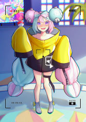 Rule 34 | 1girl, absurdres, battery indicator, blush, boots, chromatic aberration, collarbone, commentary request, creatures (company), framed, full body, game freak, green hair, grey footwear, hands up, highres, iono (pokemon), jacket, jo an, long hair, looking at viewer, multicolored hair, nervous smile, nintendo, no shirt, open mouth, pink hair, poke ball, poke ball (basic), pokemon, pokemon sv, purple eyes, recording, sharp teeth, sleeves past fingers, sleeves past wrists, smile, solo, standing, sweat, teeth, thigh strap, tongue, twintails, two-tone hair, upper teeth only, viewfinder, yellow jacket