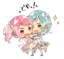Rule 34 | 2girls, :d, aqua hair, bad id, bad pixiv id, bang dream!, blue dress, blue footwear, braid, carrying, chibi, commentary request, detached sleeves, dress, frills, green eyes, hair ribbon, hikawa hina, maruyama aya, multiple girls, open mouth, pink dress, pink eyes, pink footwear, pink hair, princess carry, ribbon, shino yuki, short hair, side braids, simple background, smile, sparkle, standing, sweatdrop, thighhighs, twintails, twitter username, wavy mouth, white background, white legwear, white ribbon