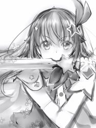 Rule 34 | 1girl, bow, elbow gloves, fighting stance, gloves, greyscale, hair bow, hair ornament, highres, holding, holding sword, holding weapon, hololive, layered gloves, long hair, looking at viewer, monochrome, nanashi (nlo), solo, sparkle, star (symbol), star hair ornament, sword, tokino sora, tokino sora (1st costume), upper body, virtual youtuber, weapon