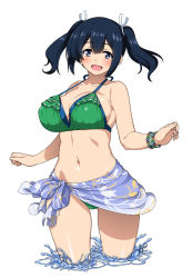 Rule 34 | 10s, 1girl, beads, bikini, blue eyes, blue hair, blush, breasts, cleavage, female focus, green bikini, hair ribbon, hyouju issei, kantai collection, large breasts, matching hair/eyes, navel, open mouth, ribbon, sarong, short hair, short twintails, simple background, smile, soaking feet, solo, souryuu (kancolle), swimsuit, twintails, wading, water, white background