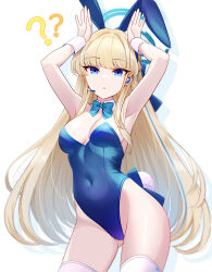 Rule 34 | 1girl, ?, animal ears, armpits, arms up, blonde hair, blue archive, blue eyes, blue leotard, bow, bowtie, commentary request, covered navel, detached collar, earpiece, fake animal ears, fake tail, halo, hands up, highleg, highleg leotard, highres, leotard, long hair, official alternate costume, partial commentary, playboy bunny, rabbit ears, rabbit pose, rabbit tail, sakura ran, solo, strapless, strapless leotard, tail, thighhighs, toki (blue archive), toki (bunny) (blue archive), traditional bowtie, white background, white thighhighs, white wrist cuffs, wrist cuffs
