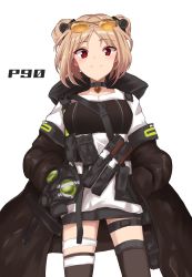 Rule 34 | 1girl, bad id, bad pixiv id, blonde hair, buckle, character name, choker, commentary, cowboy shot, double bun, gas mask, girls&#039; frontline, hair bun, hands in pockets, highres, jacket, looking at viewer, magazine (weapon), mask, military operator, p90 (girls&#039; frontline), pouch, red eyes, skirt, smile, snap-fit buckle, sunglasses on head, tactical clothes, thigh strap, thighhighs, unnamed (xsmu4552)