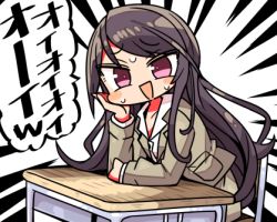 Rule 34 | 1girl, :d, arm support, black hair, blush stickers, brown jacket, brown skirt, chair, chibi, collared shirt, desk, dress shirt, formal, gundou mirei, gundou mirei (1st costume), head in hand, head rest, jacket, kanikama, long hair, long sleeves, looking at viewer, lowres, nijisanji, on chair, open mouth, purple eyes, school chair, school desk, shirt, sitting, skirt, smile, solo, suit, sweat, translation request, very long hair, virtual youtuber, white background, white shirt