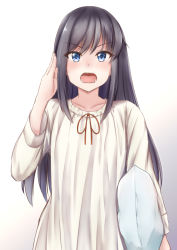 Rule 34 | 1girl, alternate costume, arm at side, asashio (kancolle), black hair, blue eyes, blush, collarbone, commentary request, cowboy shot, gradient background, hand up, highres, holding, holding pillow, kantai collection, koru pera, long hair, long sleeves, nightgown, open mouth, pillow, red ribbon, ribbon, salute, sidelocks, solo, straight hair, v-shaped eyebrows, white background