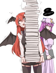 Rule 34 | 2girls, black dress, black legwear, blue ribbon, blunt bangs, book, book stack, breasts, capelet, commentary, cowboy shot, crescent, crescent hair ornament, demon wings, dress, english commentary, flying sweatdrops, garter straps, hair between eyes, hair ornament, hat, hat ribbon, head wings, highres, holding, holding book, koakuma, long hair, long sleeves, looking up, mata (matasoup), medium breasts, mob cap, multiple girls, open mouth, patchouli knowledge, purple capelet, purple dress, purple eyes, purple hair, purple headwear, red eyes, red hair, red ribbon, ribbon, shirt, short dress, simple background, speech bubble, standing, striped clothes, striped dress, sweat, thighhighs, thighs, touhou, vertical-striped clothes, vertical-striped dress, very long hair, white background, white shirt, wings, zettai ryouiki
