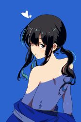 Rule 34 | 1girl, absurdres, back, back focus, black hair, blue background, blue kimono, blush, body writing, from behind, heart, highres, inoue takina, japanese clothes, kimono, looking at viewer, lycoris recoil, misskiwi, nude, purple eyes, simple background, solo, translation request, unworn clothes